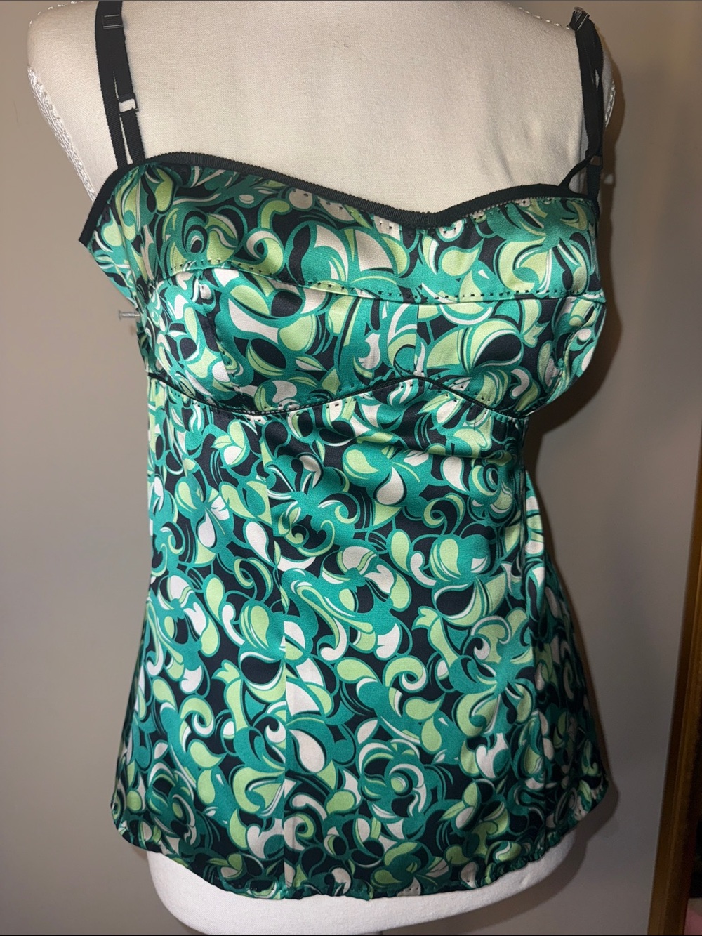 Elie Tahari Green Teal Printed Satin Bustier Tank Top
